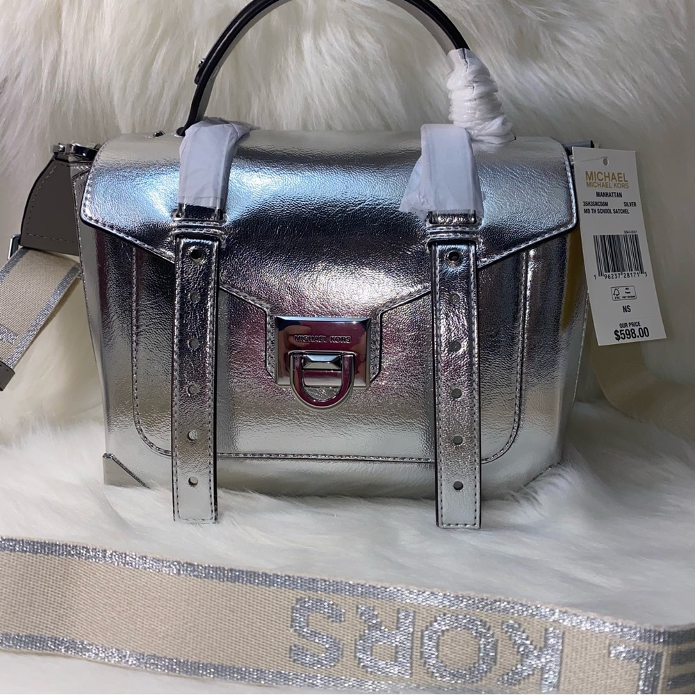 Michael Kors purse Manhattan Medium Metallic Satchel New - Picture 2 of 15